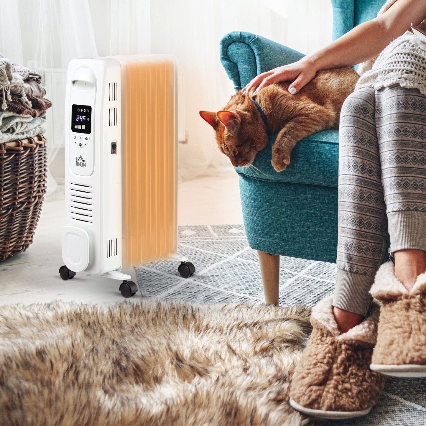 1630W Digital Oil Filled Radiator, 7 Fin, Portable Electric Heater with LED Display, 3 Heat Settings, Safety Cut-Off and Remote Control, White
