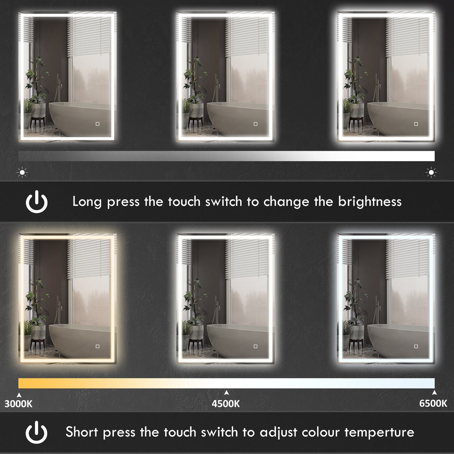 Dimmable LED Bathroom Mirror with Anti-Fog and Smart Touch - 90 x 70cm