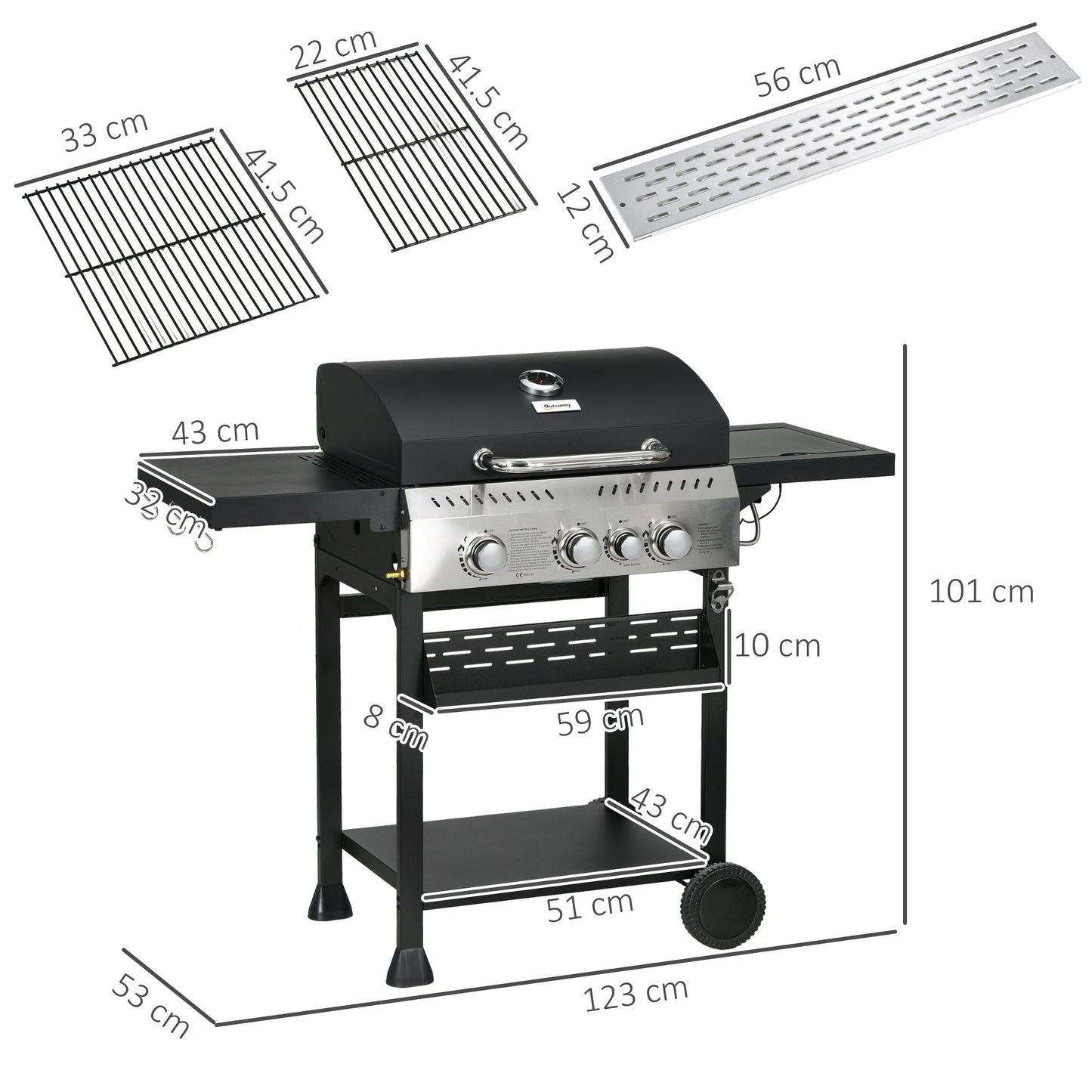 4 Burner Gas BBQ Grill Trolley with Warming Rack - Black Galvanised Steel