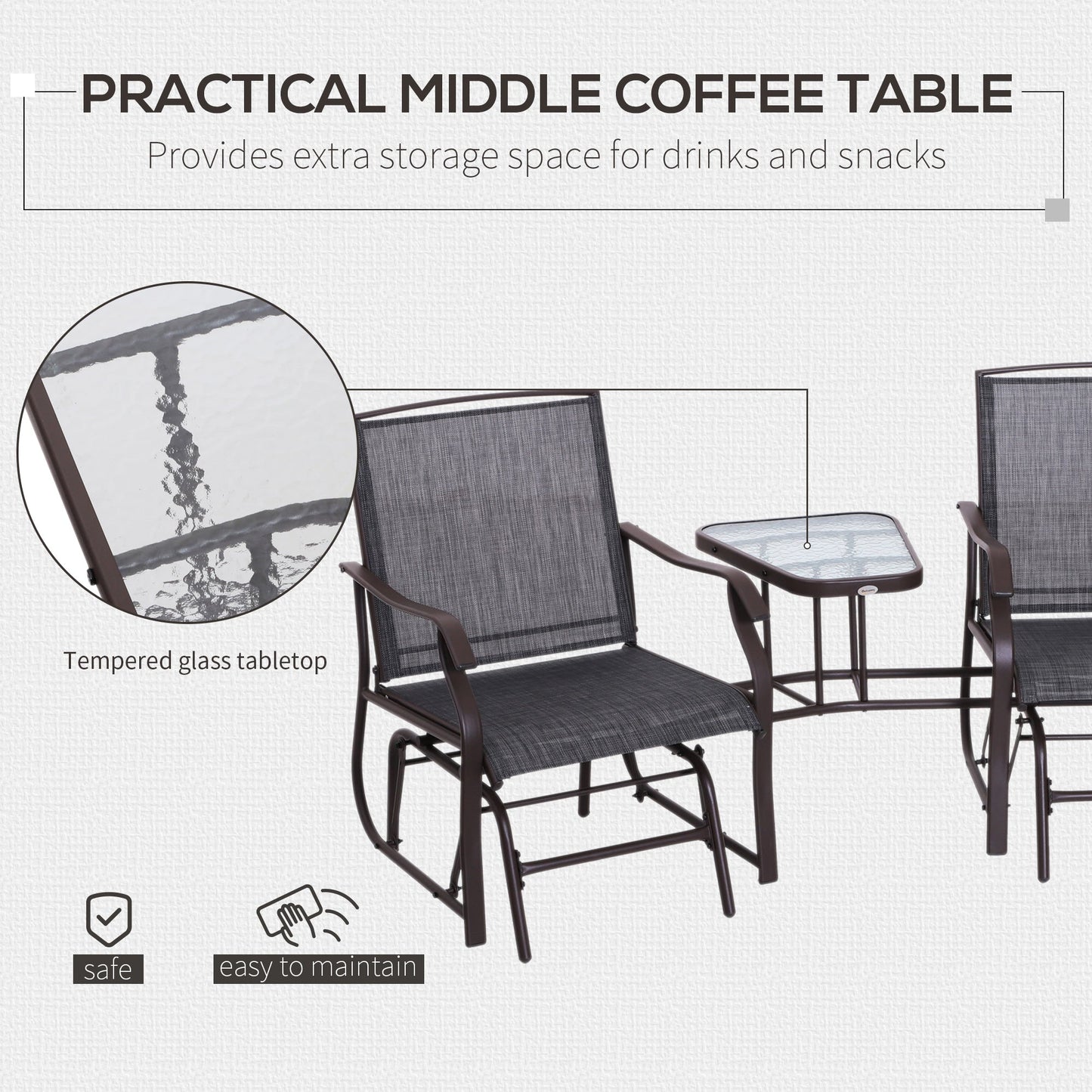 3 Piece Garden Double Glider Set with Glass Table - Grey Mesh Fabric