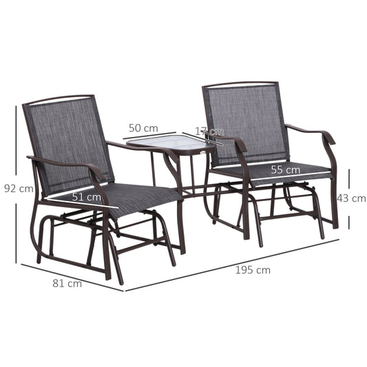 3 Piece Garden Double Glider Set with Glass Table - Grey Mesh Fabric