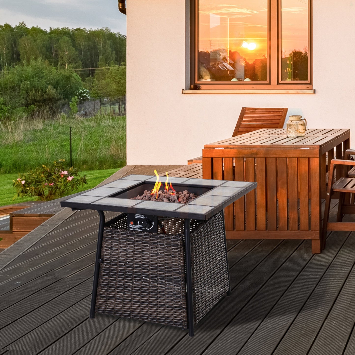 Wicker Gas Fire Pit with Lid 50000 BTU Burner - Brown Black