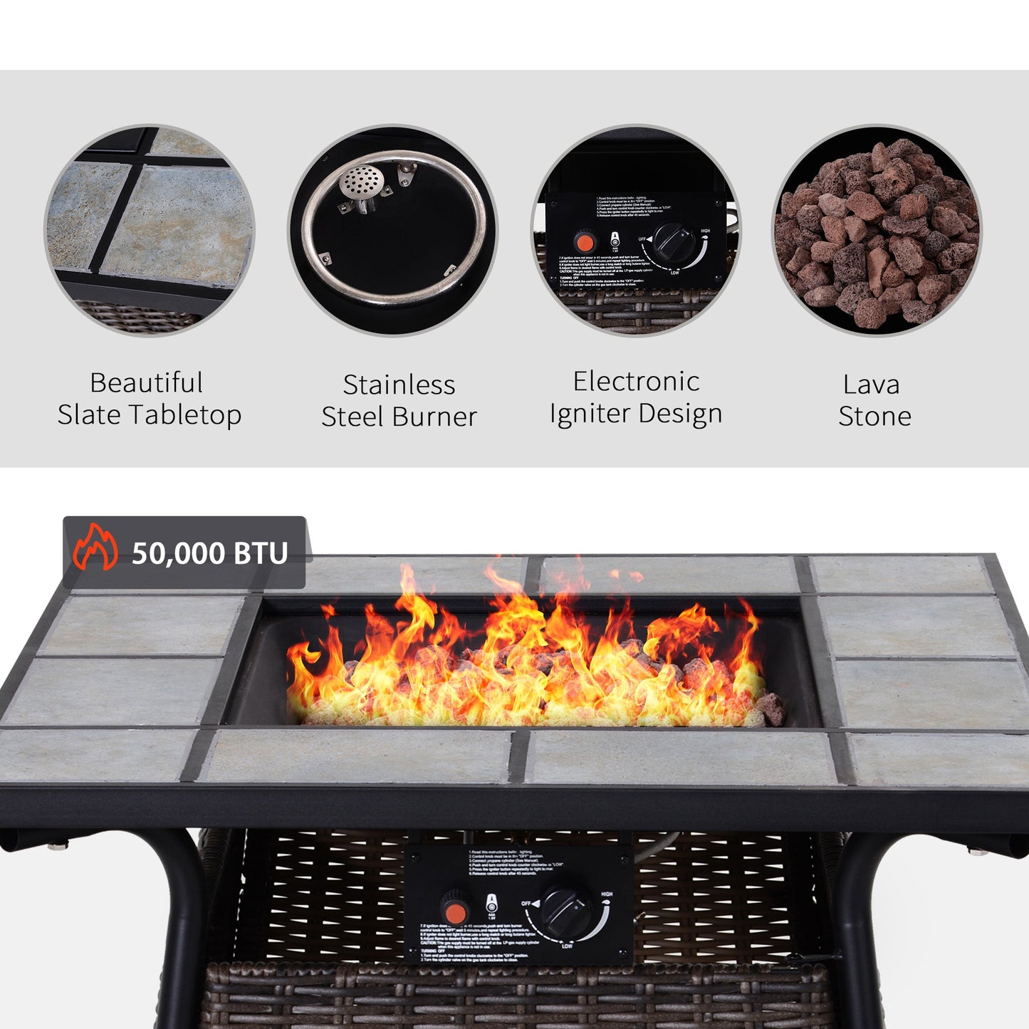 Wicker Gas Fire Pit with Lid 50000 BTU Burner - Brown Black