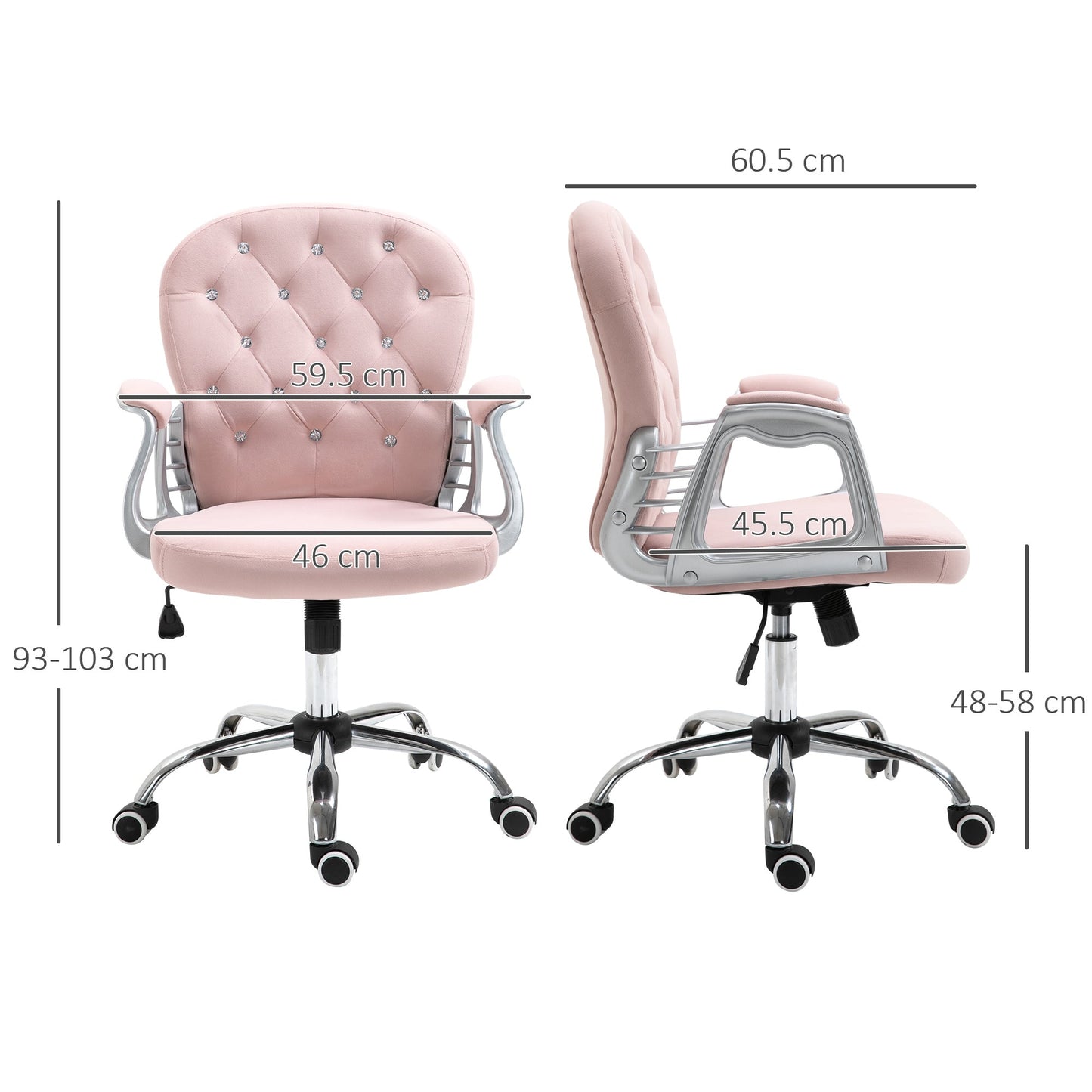 Office Chair Ergonomic 360° Swivel Diamond Tufted Home Work Velour Padded Base 5 Castor Wheels Pink